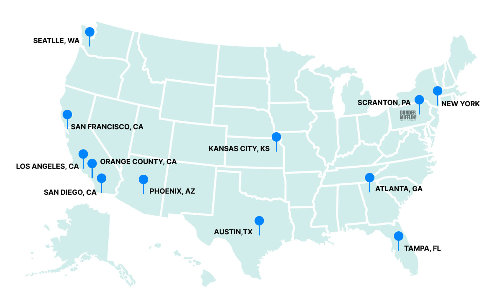 map of the united states with pins in scranton, new york, atlanta, tampa, austin, kansas city, austin, phoenix, san diego, orange county, los angeles, san francisco, and seattle